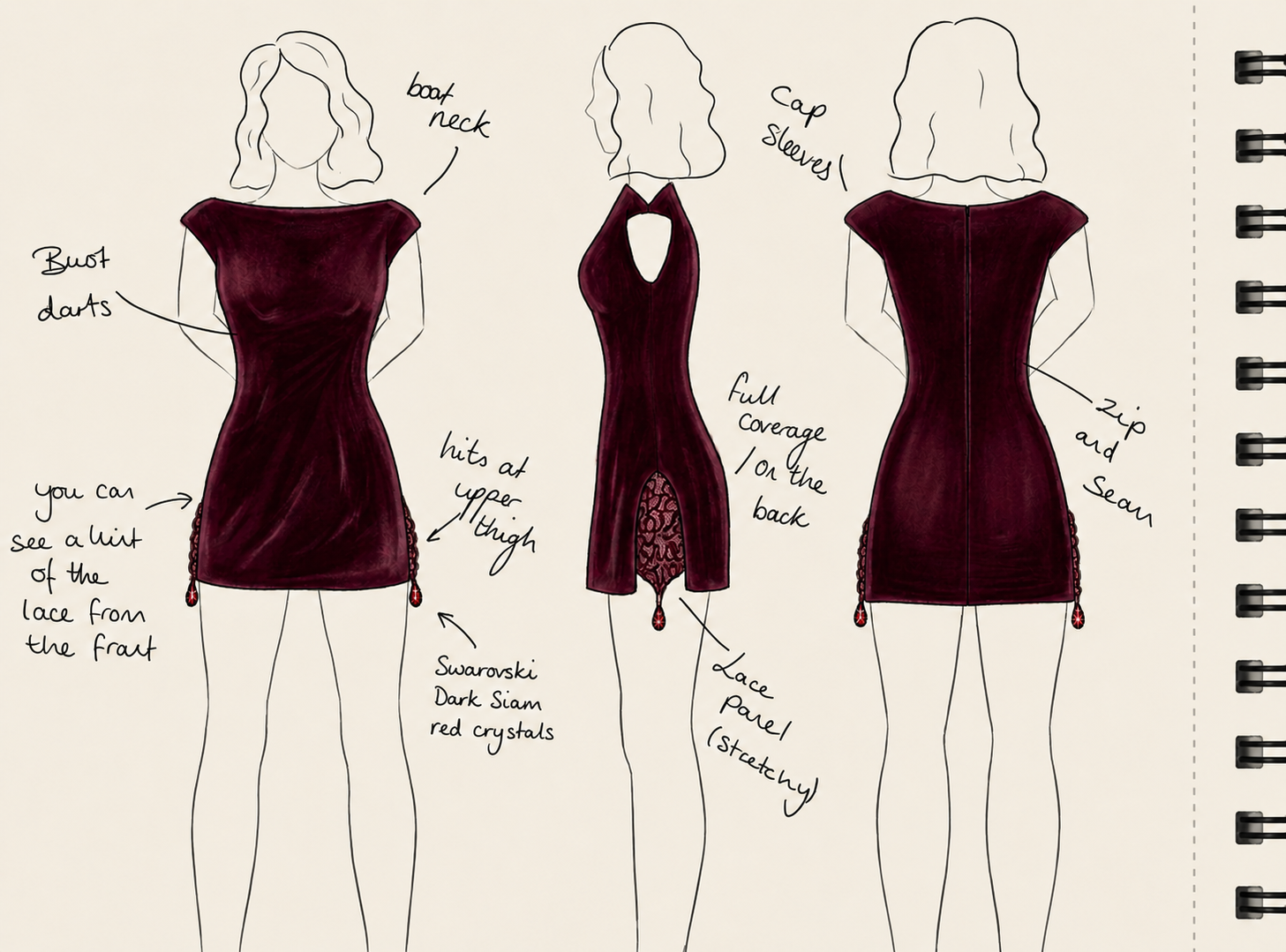 Cotton velvet mini dress with burgundy lace