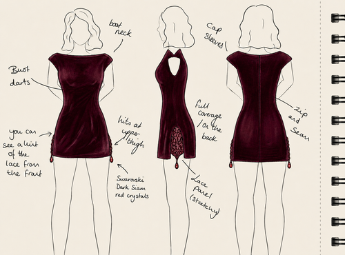 Cotton velvet mini dress with burgundy lace